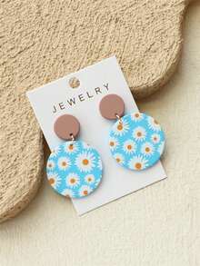1 Đôi bông tai nữ mùa xuân/hè in họa tiết hoa cúc trắng, họa tiết gốm sứ màu xanh nhạt ngẫu nhiên, hình tròn dễ thương, thanh lịch làm từ acrylic. - Nhiều màu - Xem 2