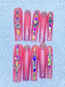 10pcs Y2K Extra Long French Press On Nails Full Coverage Fake Nail Handmade Press On Nails With 3D Shiny Rhinestone Decoration,Perfect For Weddings, Parties, Valentine's Day, Birthdays, Christmas Gifts,Supremely Fit Reusable Nail Art,1pc Jelly Gel/1pc Mini Rubbing Strips ,Detachable Press On Nails Set,Suitable For Ladies And Girls For Holiday Parties And Daily Wear,Nail Products - Multicolor - View 2