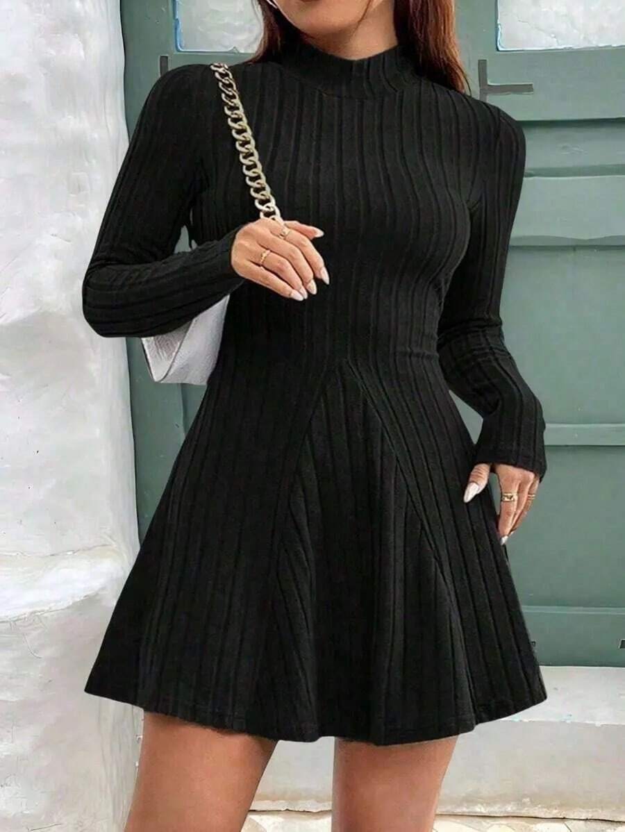 Cute Long Solid-Color Casual Dress, Spring-Autumn Style, Suitable Family Gatherings, Parties, Commuting, Dating And Dance Events. - Black - View 1
