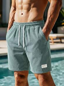 Pantalones cortos de playa de pana con cordón de unicolor, estilo callejero estadounidense, pantalones cortos casuales holgados de remiendo para hombres - verde menta - Ver 1
