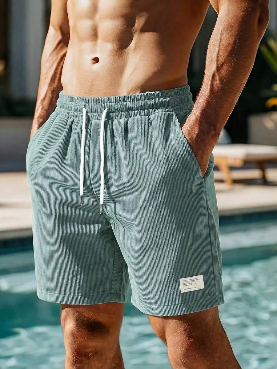 Pantalones cortos de playa de pana con cordón de unicolor, estilo callejero estadounidense, pantalones cortos casuales holgados de remiendo para hombres - verde menta - Ver 1