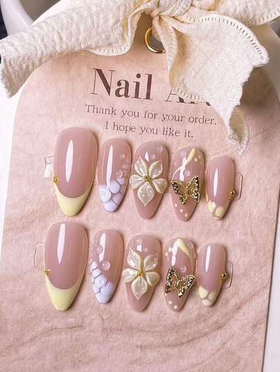 10 Pieces Handmade Almond-Shaped Press-On Nails, Yellow French With White Smudge & Butterfly Design False Nails. Hand-Painted Yellow French Tips With White Smudge Effects, Handcrafted Yellow-Outlined Five-Petal Flower 3D Carvings Decorated With Gold 3D Butterfly Ornaments. Elegant, Romantic And Minimalist Press-On Nails, Luxurious, Sexy And Light-Luxury Nail Patches. Suitable For Daily Wear, Dates, Concerts And Business Casual Occasions. An Ideal Gift For Women And Girls.