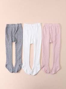 3 Pairs Baby Girls' Solid Color Cable Knit Tight Elastic Leggings, Soft And Comfortable For 0-3 Years Old - Multicolor - View 4