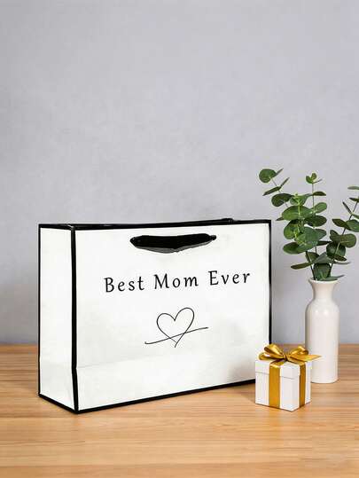 1 Stück "Beste Mama" herzförmiger Papiertasche mit Aufdruck, minimalistischer schwarz-weißer Tragetasche, geeignet für Muttertag, Geburtstag, Jahrestag, elegante Mama Geschenkverpackung