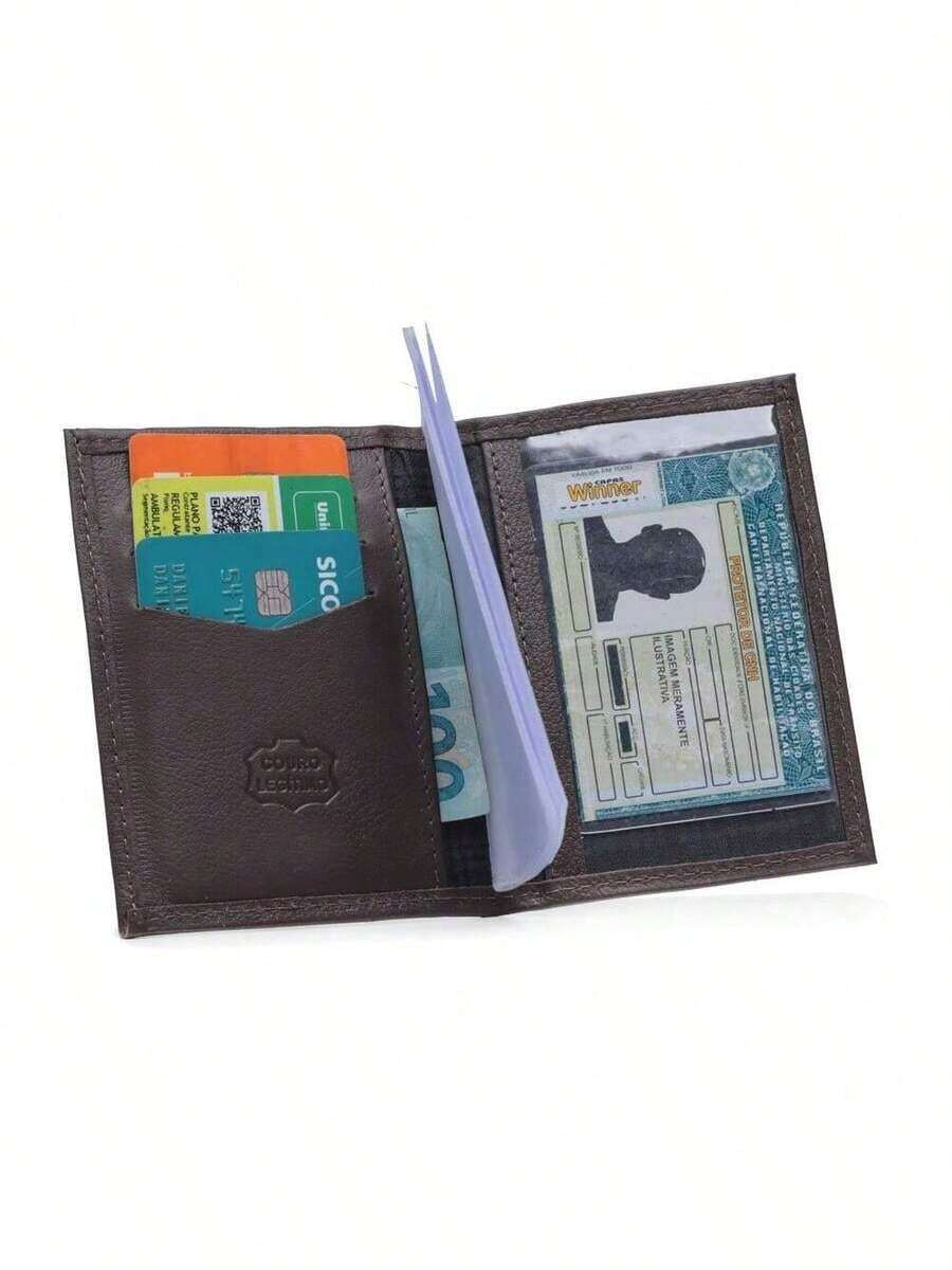 Porta Documentos Masculino Carteira Couro Cabe RG CNH Com Reparticoes Cartoes E Plasticos Internos - Marrom - Visão 1