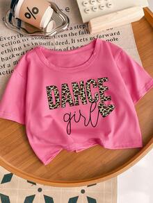 1pc Leopard Print Letter Graphic Round Neck Short Sleeve T-Shirt For Girls, Leopard Heart Pattern - Hot Pink - View 3