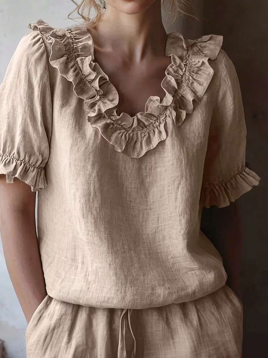 Spring/Summer Fashion & Casual Top - Solid Color With Pleated Paneling / Ruffles - Beach Resort Style - Khaki - View 1