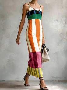 Women's Spring/Summer New Casual Beach Vacation Fashion Spaghetti Strap Striped Zipper Slit Bodycon Dress, Multiple Colors Elegant - 彩色 - 查看 7