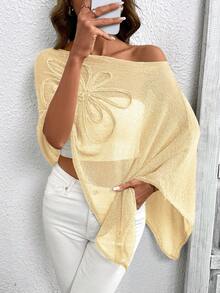 Plus Size Women's Asymmetric Design Poncho-Style Knit Top, Suitable For Spring, Summer And Autumn Beach/Holiday Wear - Yellow - View 8