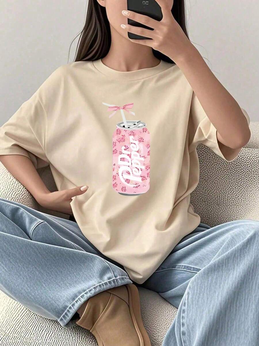 1 Pack Girls Casual Printed Crew Neck Short Sleeve T-Shirt Summer Student Youth Clothing - 杏色3 - 查看 1