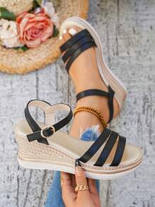 Sandal đế xuồng dày dặn, thoải mái, kiểu dáng thường ngày, dành cho nữ, mùa hè, màu đen, họa tiết dệt, kiểu dáng sang trọng, quai cài sau, sandal đế xuồng cao gót mũi tròn thời trang ngoài trời, sandal đế xuồng đi biển. - màu đen - Xem 2