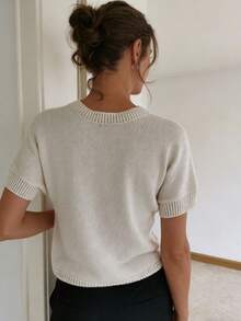 Solid Color Versatile Round Neck Knit Casual Short Sleeve Top White - White - View 2