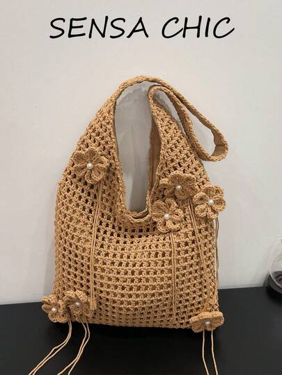 Beige Woven Straw Shoulderbag, Openwork Mesh Hobo Bag With Flower Appliques And Pearl Accents. Perfect For Beach Trips, Shopping, Vacation And Daily Errands. Great For Students, Office Ladies And Moms, Lightweight And Breathable Texture Delivers A Relaxed Summery Vibe