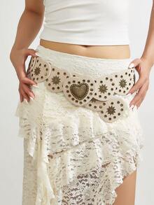 1pc Vintage Boho Belt, Beige Waist Belt, Western Style Heart Rivet Wide Waist Strap, Personalized Metal Rivet Wide Belt, Suitable For Dresses, Suits, Pants, Daily Wear, Music Festivals, Parties - Beige - View 3