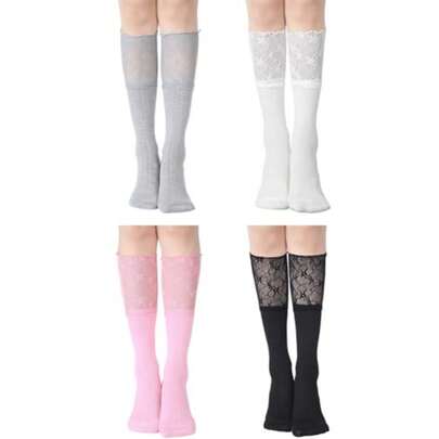 Fourluoo 4 Pairs Women's Lace Socks Calf Stocking With Lace Trim Long Knee High Stockings  Boot Socks