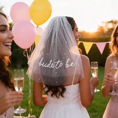 Khăn voan cô dâu tương lai bằng ruy băng cho tiệc độc thân, khăn voan thêu chữ đính ngọc trai, trang trí tiệc cưới, quà tặng đính hôn.