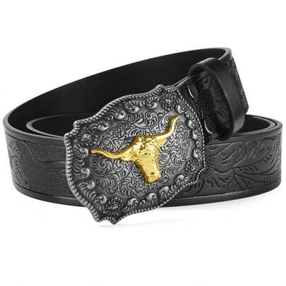 1pc Vintage Gold Bull Head Buckle Brown Belt, Western Cowboy Style Suitable For Jeans And Casual Wear