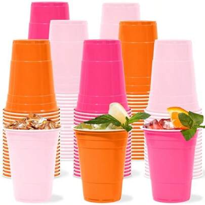 D48Pcs Pink And Orange Plastic Cups Party Plies Light Hot Pink Orange Plastic Cup 12oz Disposable Cups For Wedding Birthday Bridal Baby Shower Summer Bachelorette Party Decor Favor