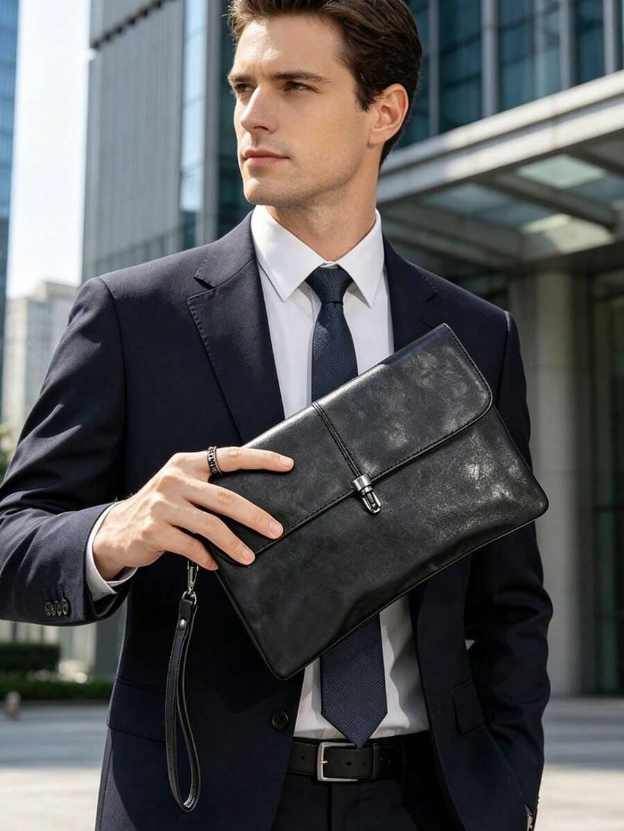 Retro Gray Leather Shoulder Bag For Men - Vintage Textured Crossbody Bag With Metal Buckle Closure, Minimalist Design, Lightweight Shoulder Bag For Casual Or Business Use, Fashion Accessory, Timeless Classic Suitable With Dresses, Jeans, Tops - Black - View 1