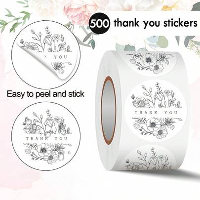 1 Set Of 6 Rolls, 1 Pack Of 500pcs Floral Thank You Stickers, Hand-Drawn Design. These Floral Sticker Rolls Are An Ideal Choice For Sealing Gifts, Envelopes, And Decorating Weddings And Birthday Parties.