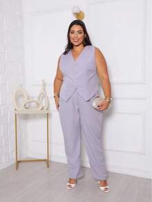 Women's Plus Size Skinny Pants And Tailored Vest Set - Elegant Formal Wear - Grey - View 2