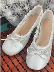 Gentle Princess Style Wedding Shoes Bridesmaid Shoes Lace Mesh Ruffle Bow Ballet Mary Jane Women's Shoes Slimming Foot Crystal Transparent Heel Breathable Versatile - White - View 19