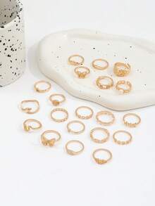 20pcs INS Style Vintage Butterfly, Heart, Snake, Eye, Thorn Chain Rings Set, Rhombus Oil Drop Rings Set For Women - Gold - View 3