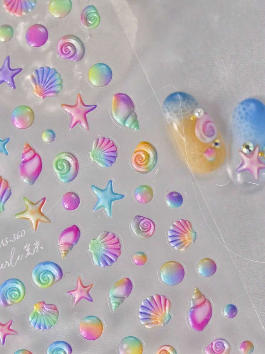 1pc 5D Exquisite Summer Sea Series Nail Art Stickers Cartoon Colorful Shell Fish Manicre Decorations Decals Accessories DIY - Multicolor - View 1