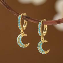 Vintage Elegant Moon-Shaped Pendant Copper Women's Earrings, Blue Tone Romantic Style, Suitable For Daily Wear, Party And Banquet - Gold - View 6