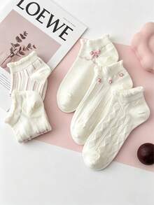 5 Packs Of Sweet Ruffled Bow Socks, Cute Ruffled Socks, Perfect For Everyday Casual Wear, Preppy Style Socks. - Multicolor - View 3
