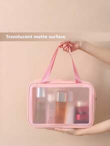 1pc Korean Style PU Matte Makeup Bag, Large Capacity Travel Cosmetic Pouch - Pink - View 2