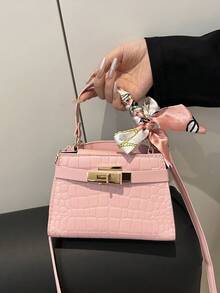 Crocodile Embossed Scarf Decor Flap Cover Handbag, Solid Color Embossed Tote Bag, Fashion Metal Lock Decor Mini Shoulder Crossbody Bag, Suitable For Home, Shopping, Commuting - Pink - View 11