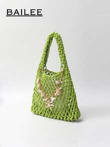 BAILEE Bolso de mano de patrón tejido a mano con hilo de poliéster colorido y colgante de océano, adecuado para vacaciones - verde menta - Ver 8