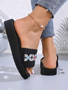 1 Pair Fabric Breathable Platform Slippers, Fashionable Comfortable Versatile Suitable For Teenage Girls In Summer - Black - View 6