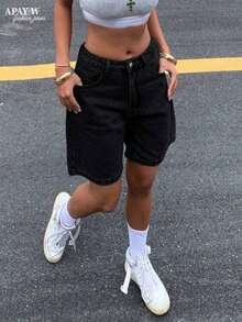 Women's Solid Color Casual Bermuda Denim Shorts, Summer - 黑色 - 查看 13