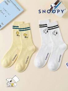1/2雙 Snoopy 男士網眼襪，黃色與白色條紋透氣網眼中筒襪，黑白可愛運動襪，適合夏季 - 彩色 - 查看 5