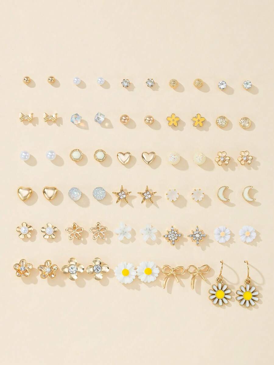 30 Pairs Cute & Fashionable Women Earrings Set, Minimalist Star & Heart Shaped Combination Earrings Jewelry, Suitable For Daily Wear And Gift - Multicolor - View 1