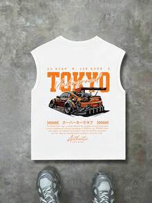 Jungen Tokyo Racing Car Grafik Trägershirt - Lässiges Y2K Streetwear Drifting Car Muster ärmelloses Casual Sommer Skateboard Top - Weiss - Übersicht 3