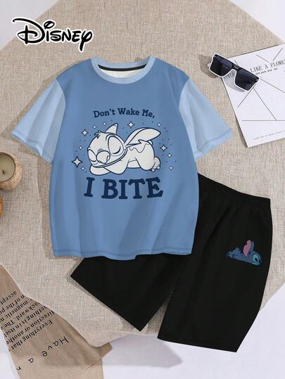 Disney Conjunto de ropa de estar en casa informal para hombres con camiseta de cuello redondo con estampado de letras y dibujos animados, y pantalones cortos