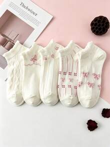 5 Packs Of Sweet Ruffled Bow Socks, Cute Ruffled Socks, Perfect For Everyday Casual Wear, Preppy Style Socks. - Multicolor - View 10