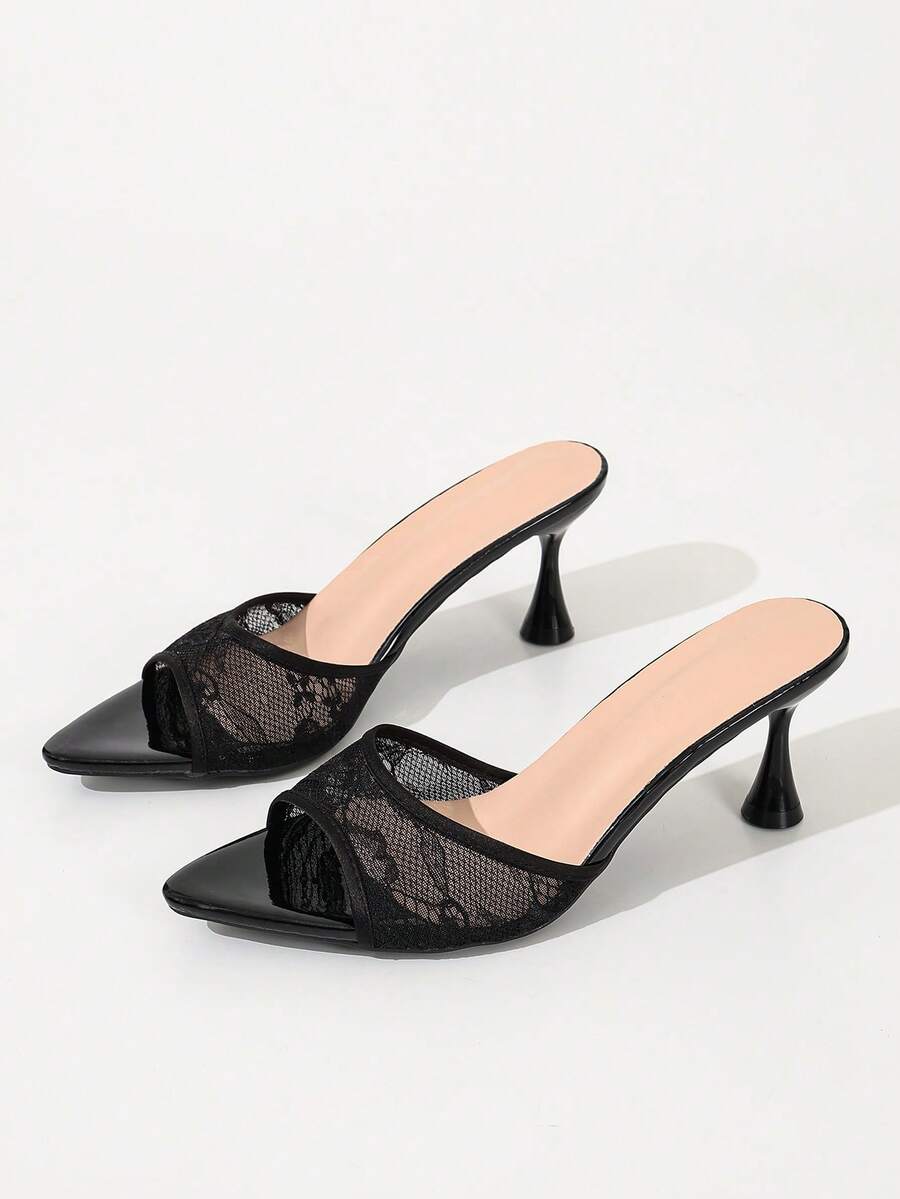 Women's Mesh Fabric Breathable Open Toe High Heel Sandals, Versatile Black Minimalist Pointed Toe Stiletto Slide Sandals, New Summer Style