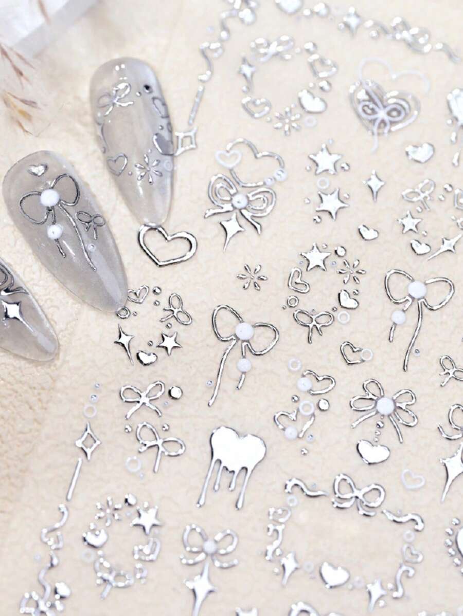 1 pieza Pegatina de uñas 5D con relieve plateado, diseño de mariposa, corazón, corona floral, diseño metálico estrellado, apto para uñas, tazas, fundas de teléfono, cámaras, espejos de maquillaje, decoración facial - Plateado - Ver 1
