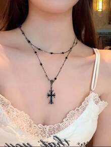 European & American Style Cross Pendant Choker Necklace, Edgy & Sweet Goth Chic Multi-Layer Tassel Long Necklace, Sweater Chain For Women - 彩色 - 查看 5