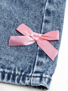 Young Girl's Sweet & Cute Light Wash Denim Bow Decor Hip-Covering Skirt, Fashionable Elastic Waist, Suitable For All Seasons - Light Wash - View 7