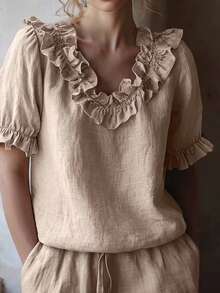 Spring/Summer Fashion & Casual Top - Solid Color With Pleated Paneling / Ruffles - Beach Resort Style - Khaki - View 9