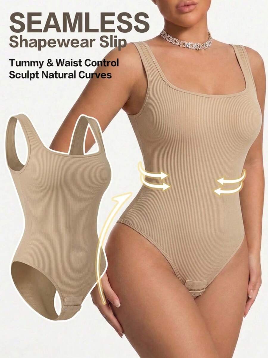 1PC Women's Seamless Solid Ribbed Square Neck Shaping Bodysuit, Open Back Tummy Control Colombian Style Shapewear, Slim Fit Corset Top, Waist Cincher Sculpts Natural Curves, Smooth Breathable Fabric, Crotch Snap Button Design, All Season Versatile For Daily Layering, Sports Fitness & Vacation Travel - Apricot - View 1