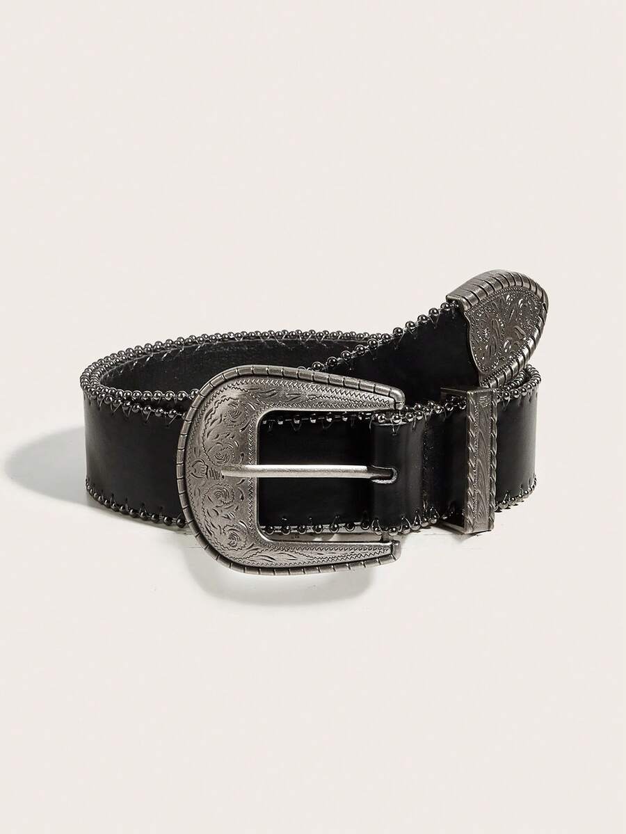 1 pièce Ceinture de style occidental pour femme avec lourde broderie et texture de perle de lait, convient pour une cowgirl - Noir - Voir 1