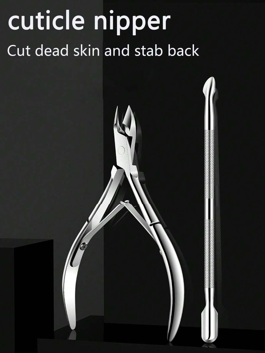 二合一美甲美足工具套装 - 银色双头去茧器和指甲剪，沙龙级不锈钢凝胶指甲油刮刀，耐用专业指甲和足部护理清洁工具