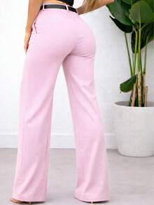 Women's Tailored Wide-Leg Trousers With High Waist And Belt - 淺粉色 - 查看 2