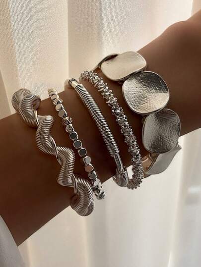 Bộ 5 chiếc vòng tay kim loại hình tròn, kiểu dáng tối giản cổ điển, họa tiết hình học, thắt nút lượn sóng, dành cho nữ.